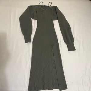 Ribbed Knit Sweater Dress with Matching Bolero Set Grey Long Sleeve Midi